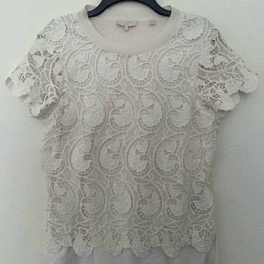 Ted Baker White Floral Lace Short Sleeve Top